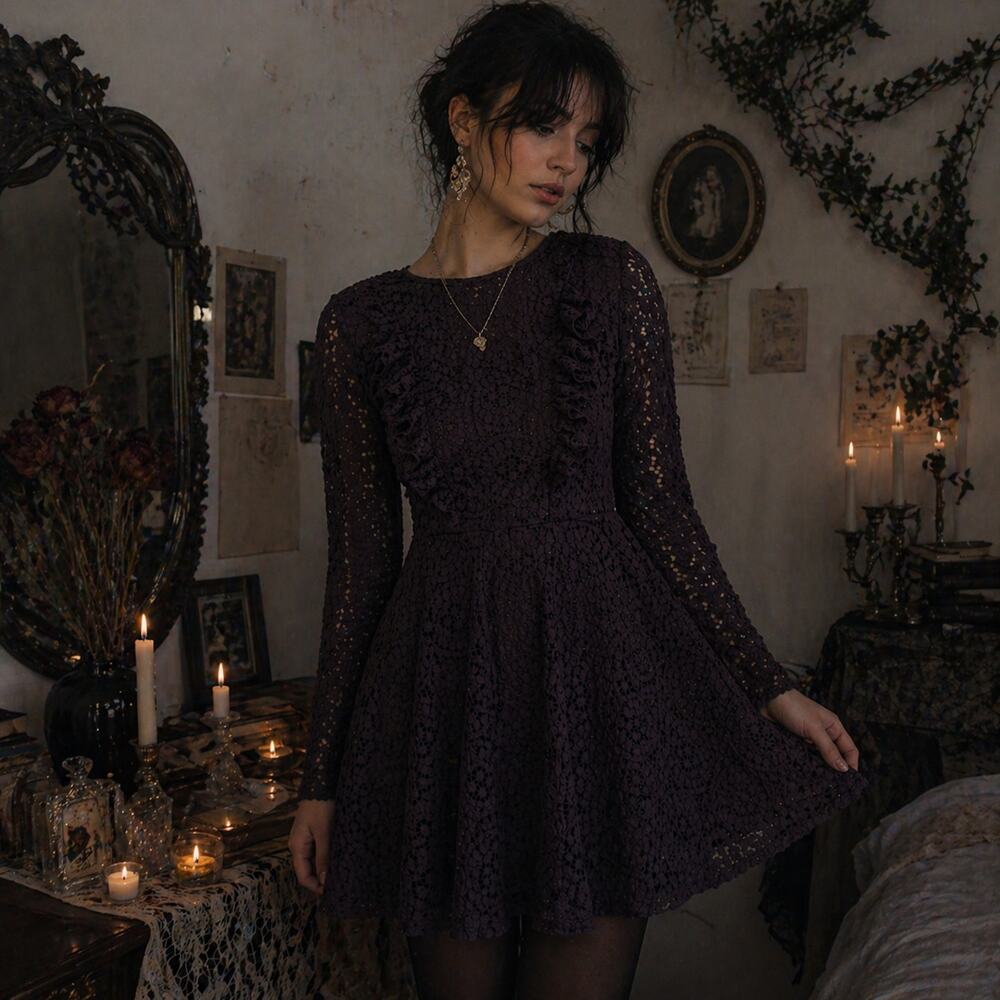 Zara Sz S Black Guipure Lace Mini Dress NOT Lined Long Sleeve Goth Dark Romantic